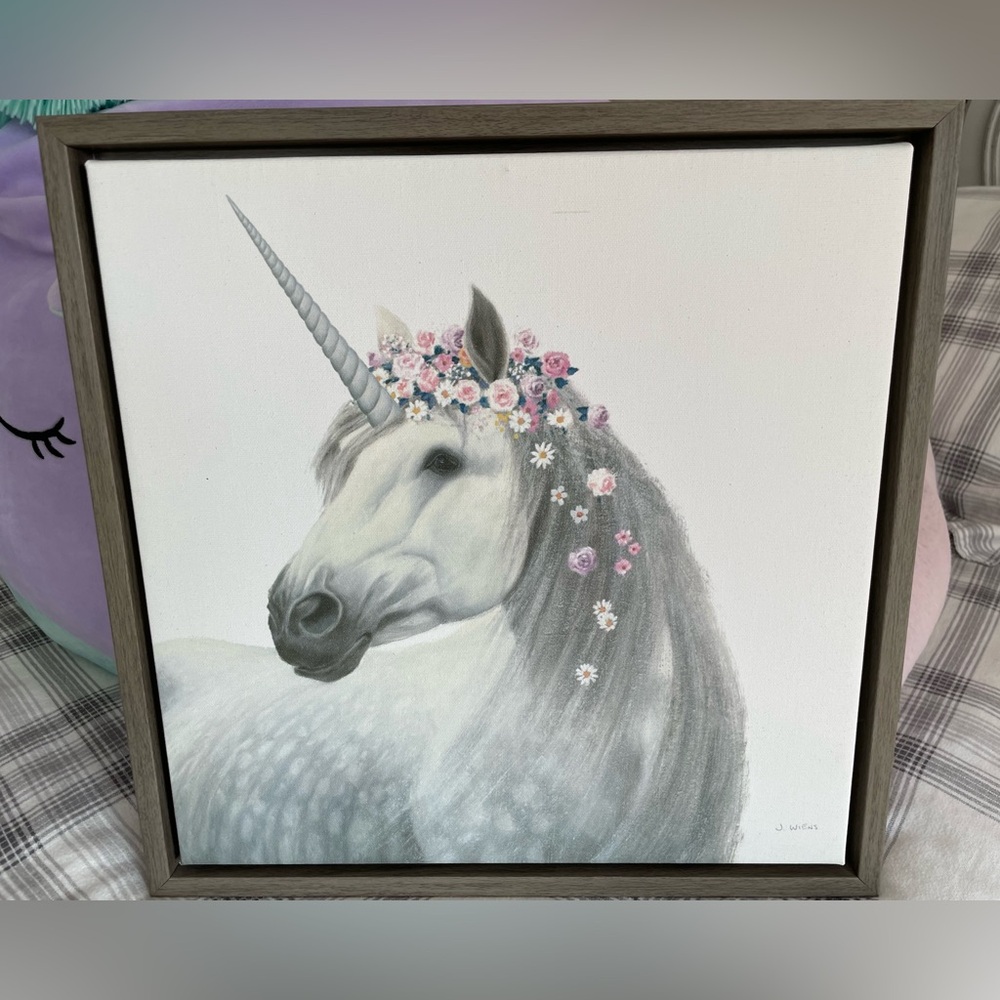 Unicorn with Flowers Framed Canvas Wall Art